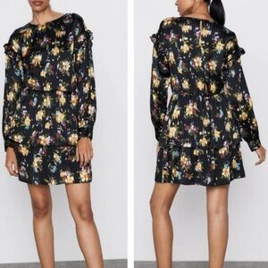 NWT Zara BLACK SATIN FLORAL RUFFLE MINI DRESS Yellow Green 100% VISCOSE Large